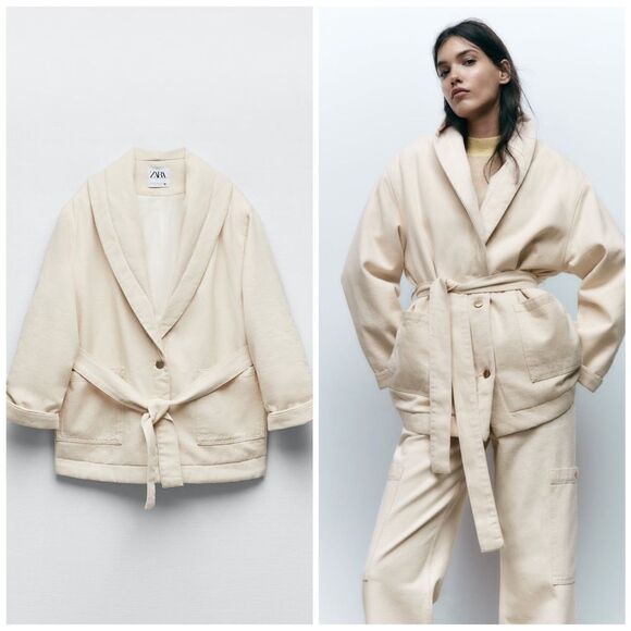 ZARA BELTED DENIM PUFFER JACKET - Picture 1 of 11